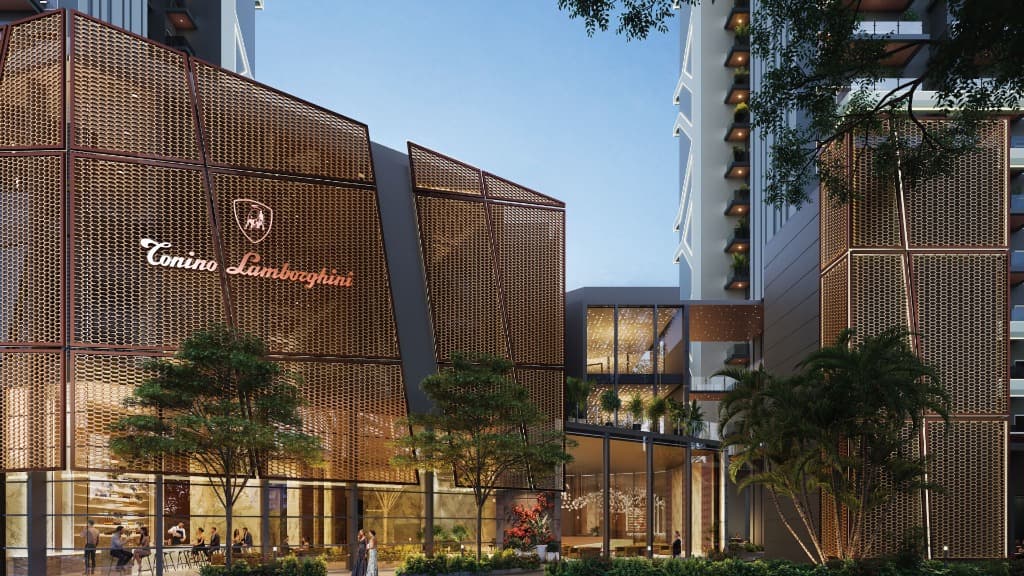 Tonino Lamborghini Residences Gurugram - Front view of the gold screen entry pavilion